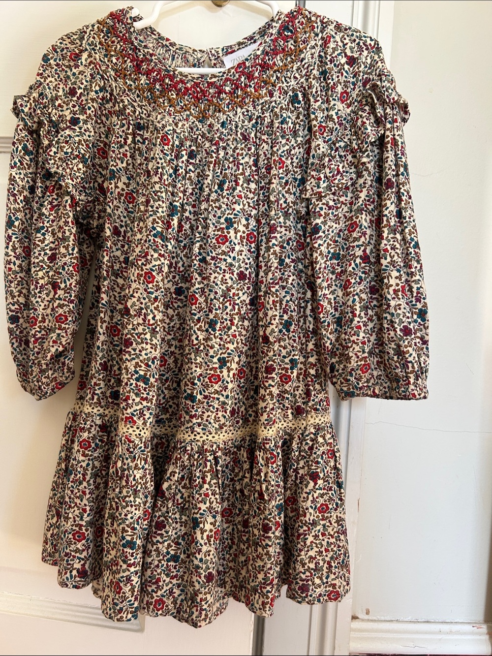 Zara Cream Floral Dress with Red and Teal Accents